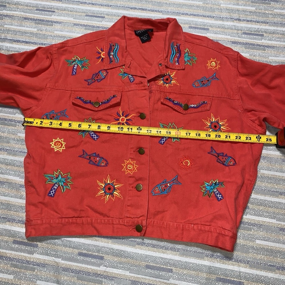 Carole Little Red Embroidered‎ Tropical Jean Jacket Size 8 - Picture 5 of 7
